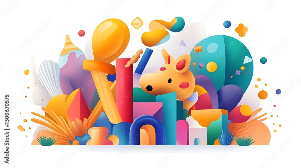 Fototapeta premium Joyful Celebration: Vibrant 2D Illustration of a Playful Animal Amidst Colorful Balloons and Geometric Shapes AI Generated