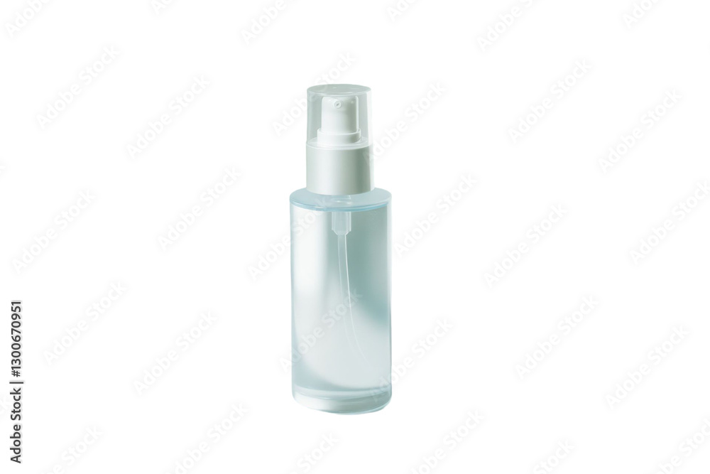Generic transparent bottle with a spray nozzle on a black background with copy space. Isolated product shot. Clear liquid with a minimalistic modern design Generic transparent bottle with a spray nozzle on a black background with copy space. Isolated product shot. Clear liquid with a minimalistic modern design