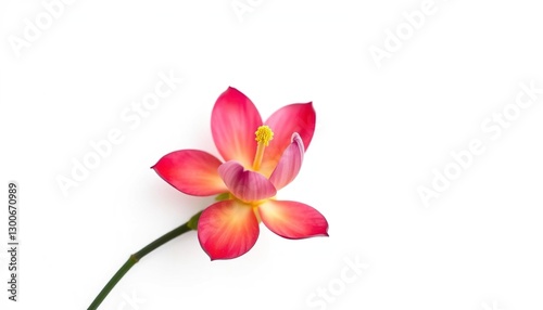Single vibrant bloom, petals delicately unfurled, against pure white backdrop, graphic, plant