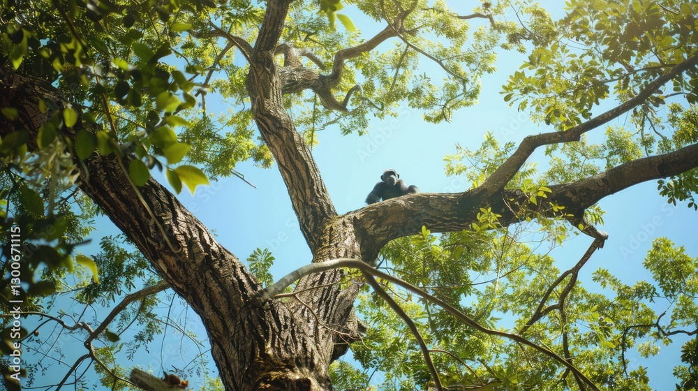 A tranquil scene of a chimpanzee resting on a thick branch of a lush green tree under a clear blue sky A tranquil scene of a chimpanzee resting on a thick branch of a lush green tree under a clear blue sky