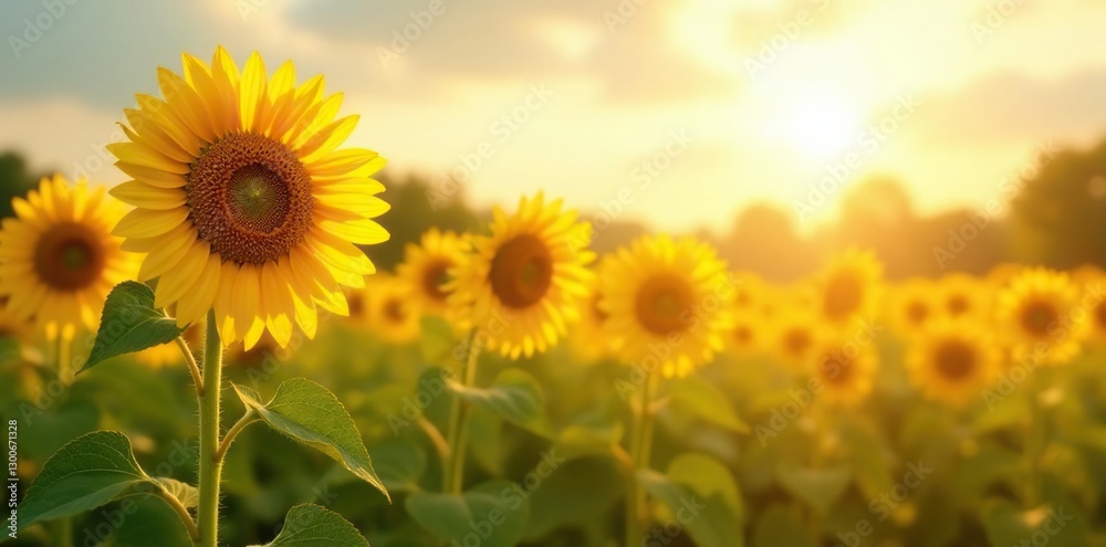 Obraz premium Tall sunflowers swaying in the gentle wind with warm sunlight, sunlight, peaceful scene