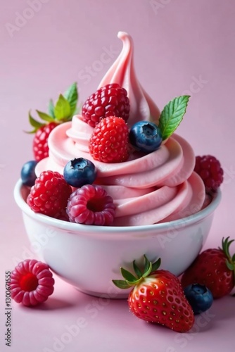 Velvety yogurt and tangy raspberries merge with plump strawberries and juicy blueberries in a stunning contrast, velvety yogurt, frozen treat, dessert art