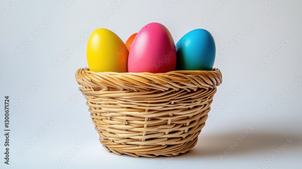 A simple woven basket featuring smooth, brightly dyed eggs, carefully placed on a white backdrop A simple woven basket featuring smooth, brightly dyed eggs, carefully placed on a white backdrop