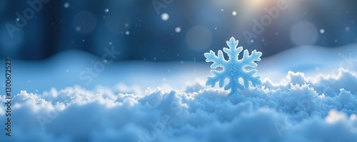 A solitary blue snowflake floats above the ground, winter wonderland, white tips, gentle descent
