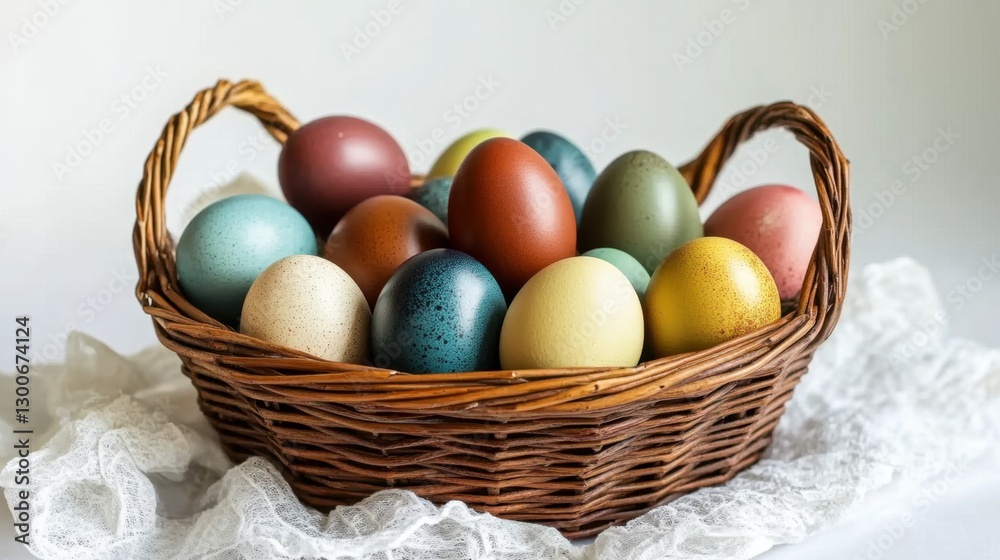 A wooden basket filled with naturally dyed eggs in rich and pastel tones, sitting on a white backdrop A wooden basket filled with naturally dyed eggs in rich and pastel tones, sitting on a white backdrop
