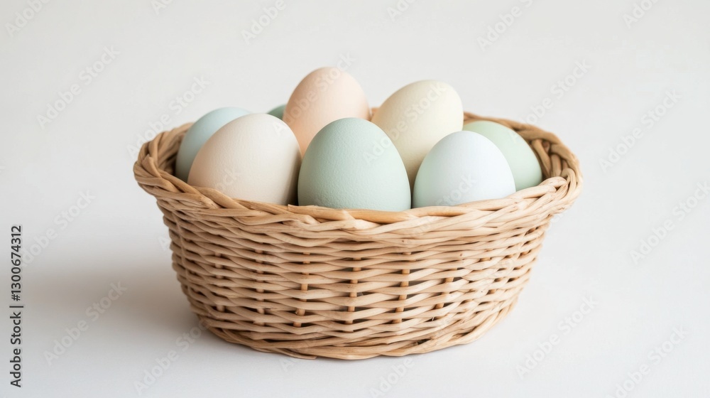 A woven basket filled with lightly decorated eggs in soft pastels, elegantly placed on white A woven basket filled with lightly decorated eggs in soft pastels, elegantly placed on white