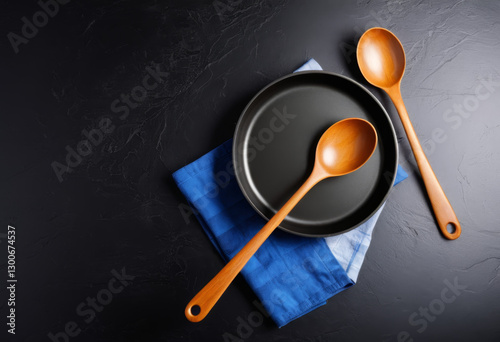 Right above the pans and spoons on the table