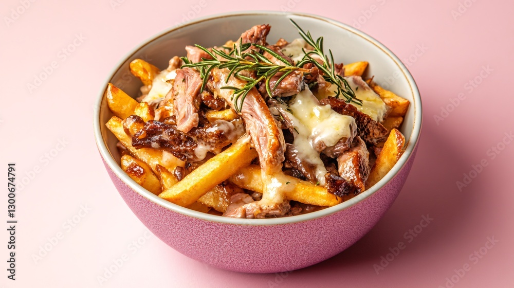 French-inspired poutine with duck confit, rosemary-infused gravy, and creamy brie cheese, served in an elegant porcelain bowl, isolated on a light pastel background