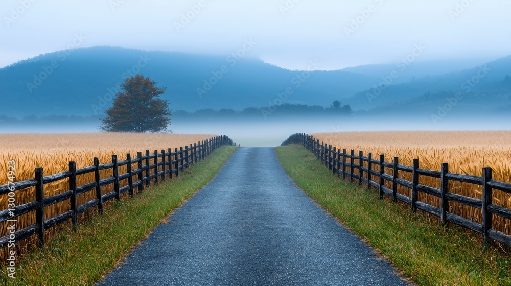 Naklejka premium Serene Path Through Quiet Countryside with Lush Greenery and Mist