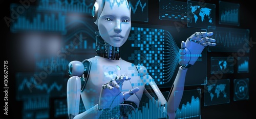 AI Robot with Big Data Analytics Dashboard for Business and Technology Concept. 3d render.