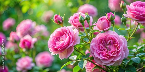Beautiful pink rose bush with delicate petals and lush green leaves, garden, nature, garden