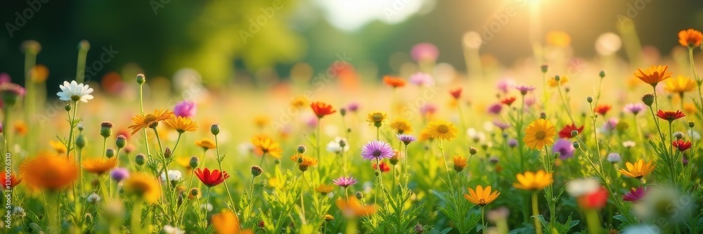 Obraz premium Dense profusion of wildflowers in a sunlit meadow, environment, floral
