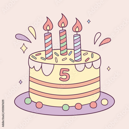 Illustration of a Three-Layer Birthday Cake with Lit Candles and Confetti