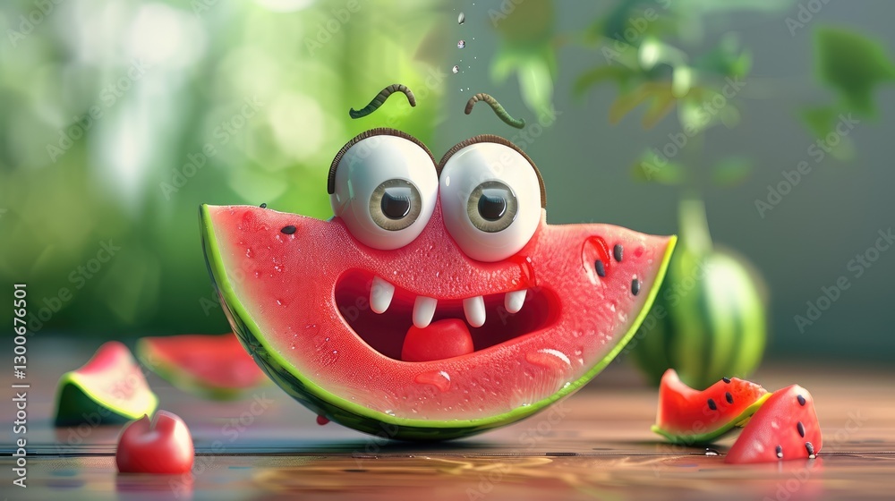 Obraz premium Cheerful animated watermelon slice with big eyes and teeth, surrounded by smaller pieces on a wooden table
