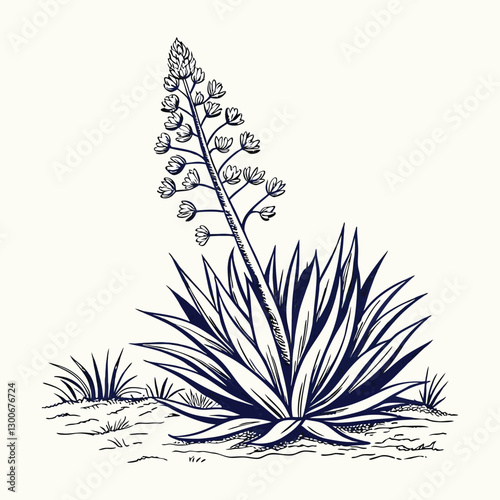 Illustration of an Aloe Vera Plant with a Tall Flowering Stalk