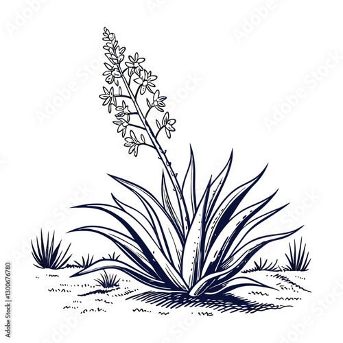 Illustration of an Aloe Vera Plant with a Tall Flowering Stalk