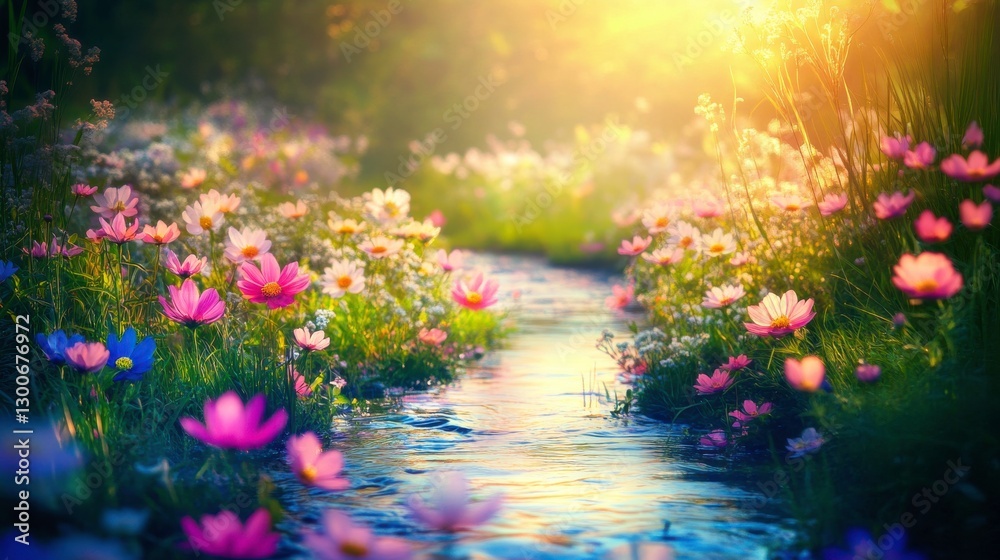 Obraz premium Vibrant Wildflowers by Calm River at Golden Hour