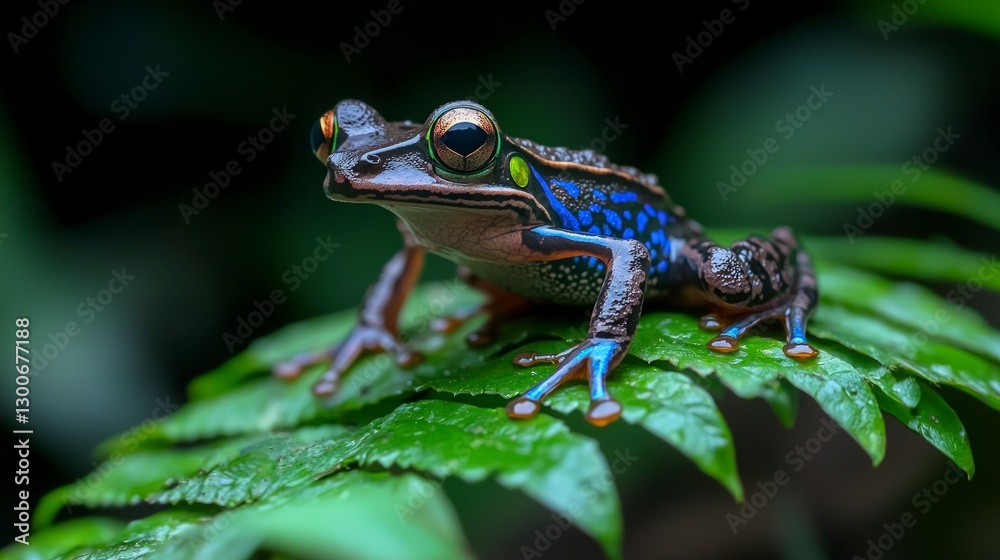 Obraz premium Vibrant Blue legged Frog on Lush Green Leaf Rainforest Amphibian Closeup