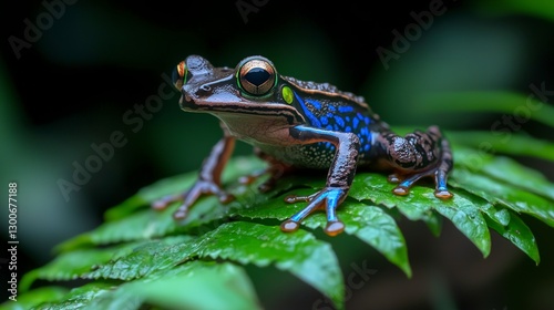 Vibrant Blue legged Frog on Lush Green Leaf  Rainforest Amphibian Closeup