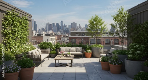 Modern Rooftop Terrace with Lush Greenery and City Skyline View
