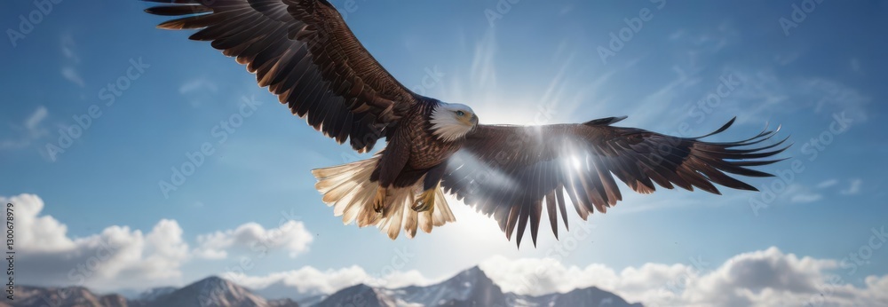 Obraz premium A majestic eagle's wings in mid-flight against a bright blue sky, wings, clouds