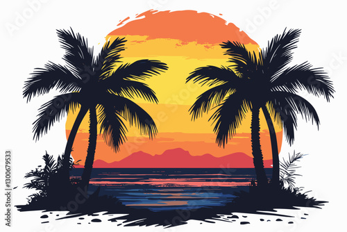 Palm trees silhouettes on tropical summer beach icon for t-shirt, isolated on a white background, Flat style vector illustration, beach with palm trees vintage vector illustration