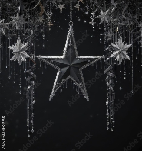 Black background with swirl ribbons and star-shaped decorations, surrounded by snowflakes and icicles,  winter decor,  decoration ideas