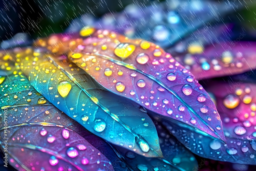 Naklejka premium Rainbow Rain Drops on Leaves Macro - Macro photography
