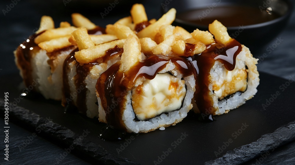 Poutine sushi rolls with tempura-fried fries, melted cheese center, and rich demi-glace gravy dipping sauce, plated on a sleek black slate Poutine sushi rolls with tempura-fried fries, melted cheese center, and rich demi-glace gravy dipping sauce, plated on a sleek black slate