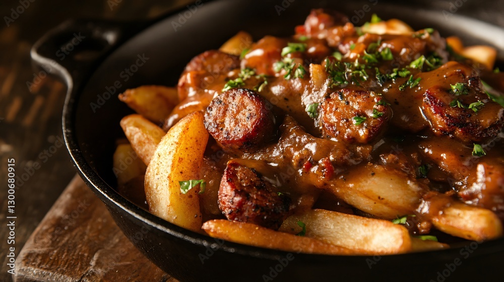 Southern Cajun-style poutine with crispy spiced fries, andouille sausage chunks, and a smoky gumbo gravy, served in a rustic cast iron dish