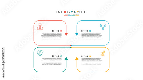 Business infographic editable square template. Timeline with 4 step, option, arrow. Vector illustration. Privacy online info chart with thin line icons.