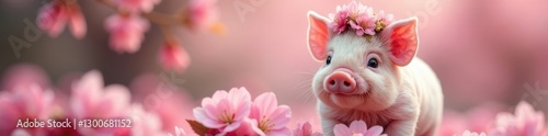 Fluffy piglet wears floral crown, pink blossoms , summer, pig, snout photo