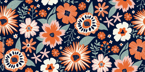 Vibrant retro floral half drop pattern featuring large and small flowers in orange, pink, white on a dark navy blue background. Ideal for textile design, wallpaper, wrappings, or packaging.