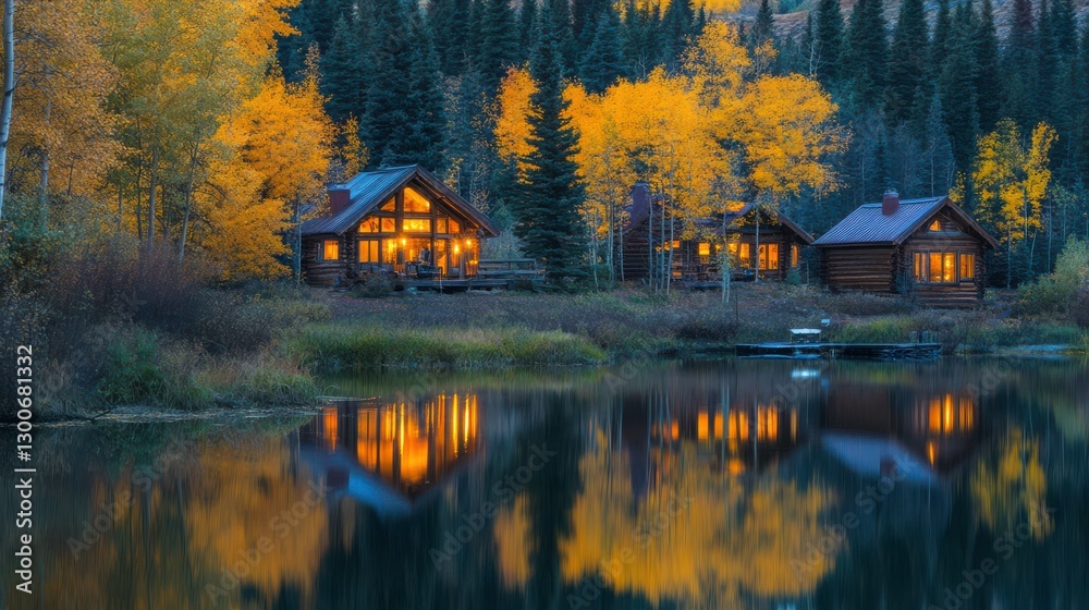 Fototapeta premium Charming Autumn Cabins Reflecting in Twilight Waters