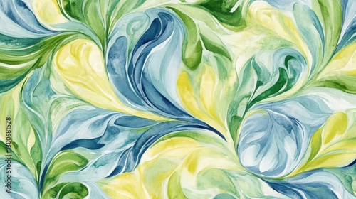 Delicate watercolor pattern with swirling, floral, foliage in shades of green, blue, and yellow