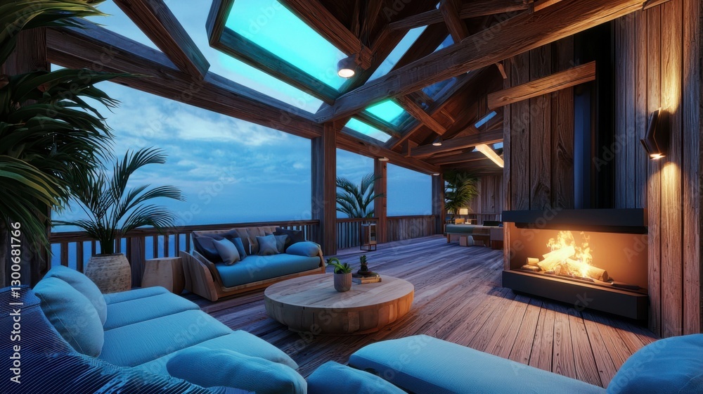 Fototapeta premium Cozy lounge space on a terrace blending rustic wooden beams with digital smart panels, vintage fireplace with futuristic holographic flames