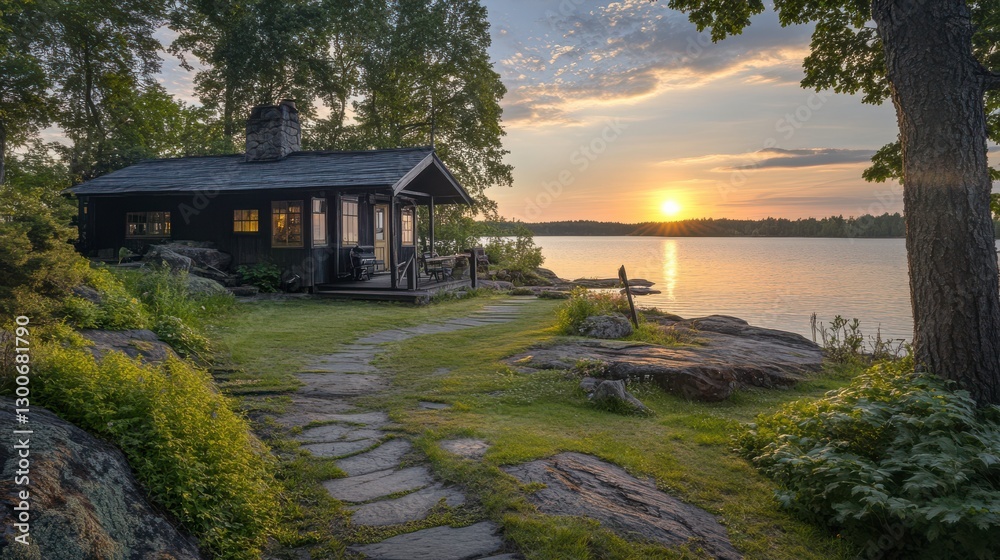 Fototapeta premium Charming Cabin by the Lake at Sunset