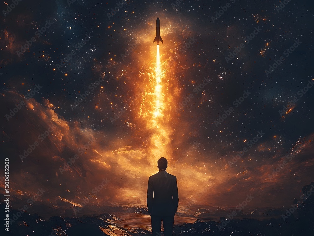Fototapeta premium Determined Aerospace Engineer Gazing at Glowing Rocket Launch with Pride and Ambition