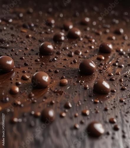Droplets of rich brown chocolate falling horizontally in a seamless motion on a dark wood surface , wood, seamless