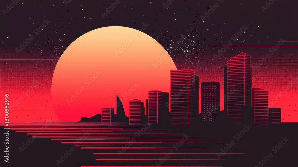 Fototapeta premium A city skyline with a large red sun in the background