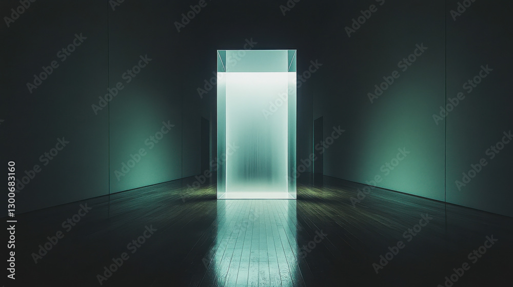 A sleek, geometric glass panel with a soft glow, casting long symmetrical shadows on a reflective wooden floor A sleek, geometric glass panel with a soft glow, casting long symmetrical shadows on a reflective wooden floor