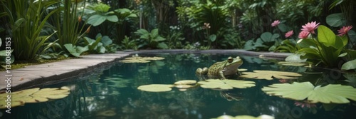 Frog by a pool surrounded by tropical plants and water lilies,  tropical,  water