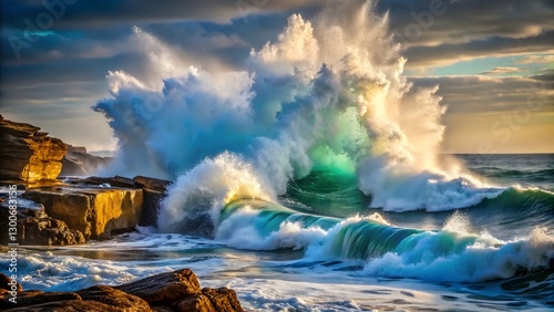 Ocean Wave Crashing on Rocks