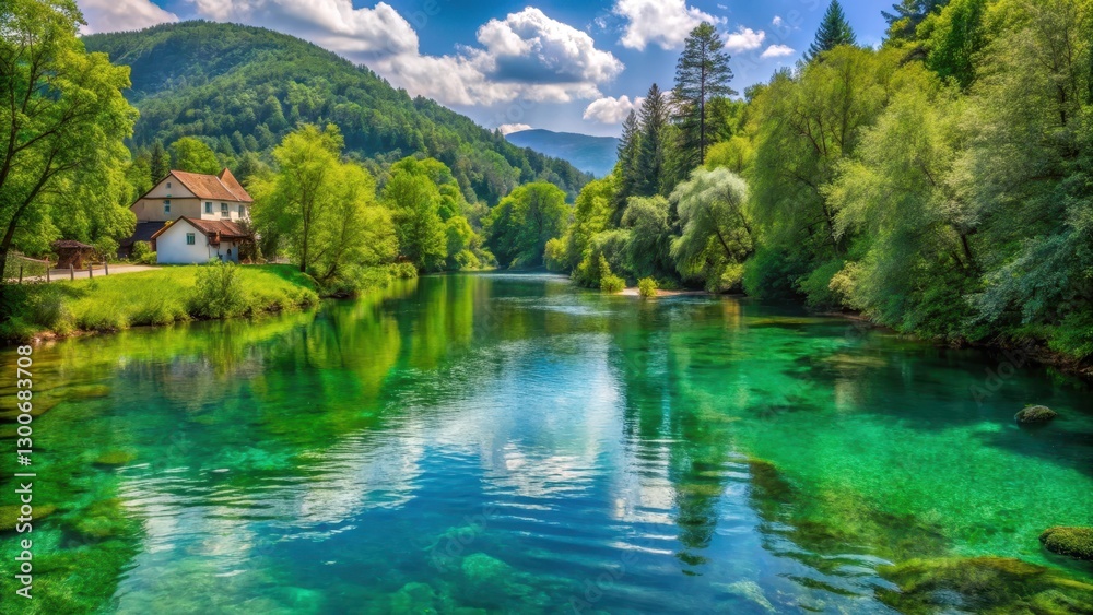 Serene green waters of Mreznica river flowing gently through Belavici village, surrounded by lush vegetation and majestic trees Serene green waters of Mreznica river flowing gently through Belavici village, surrounded by lush vegetation and majestic trees