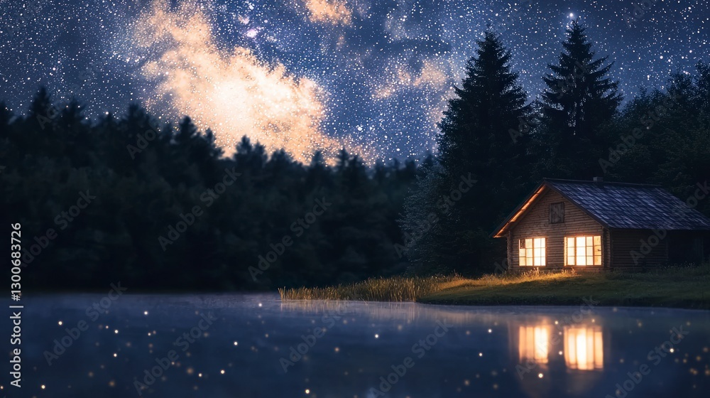 Fototapeta premium Night Cabin Lake Stars Peaceful Lakeside Cottage at Night