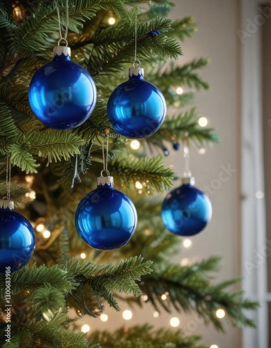 Hanging blue glass ball ornaments on a Christmas tree branch,  Christmas tree,  garland,  ornaments