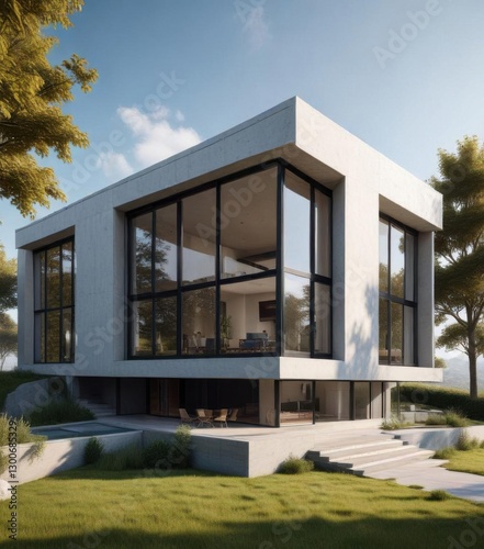 Minimalist modern house with clean lines and large windows,  geometric,  sleek, modern