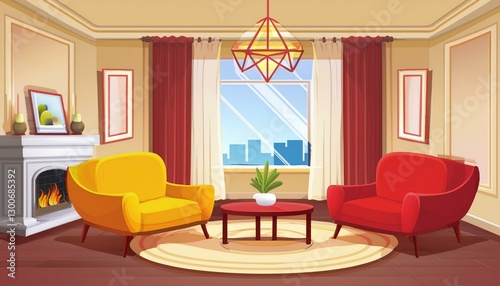 luxury living room interior in modern style with yellow armchairs red sofa table fireplace a window and a curtain cartoon  illustration
