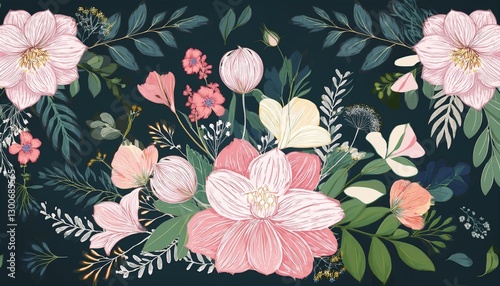 floral bakground with bouquet of various flowers botanical foliage for wedding invitation wall art or wallpaper  illustration