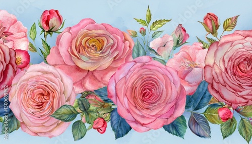 watercolor blossom pink old rose clair martin english rose flower bouquet horizontal seamless pattern